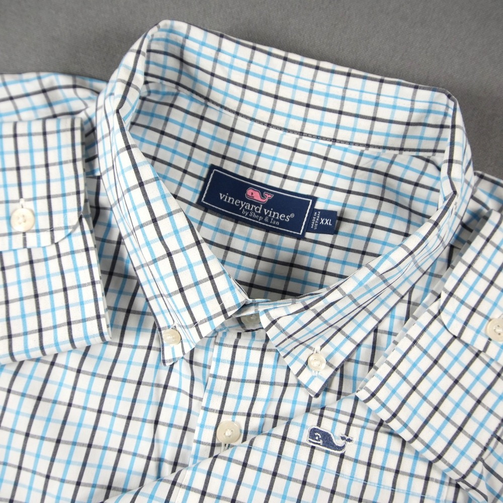 Vineyard Vines Check Stretch Button Down Shirt Mens XXL Blue White Long Sleeve